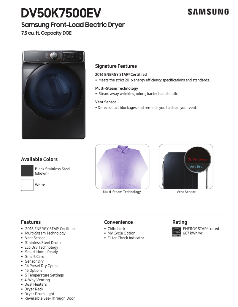 Página 1 del manual Ficha técnica Samsung DV50K7500E