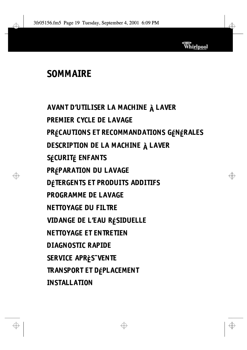 Page 1 de la notice Manuel utilisateur Whirlpool AWM 5090