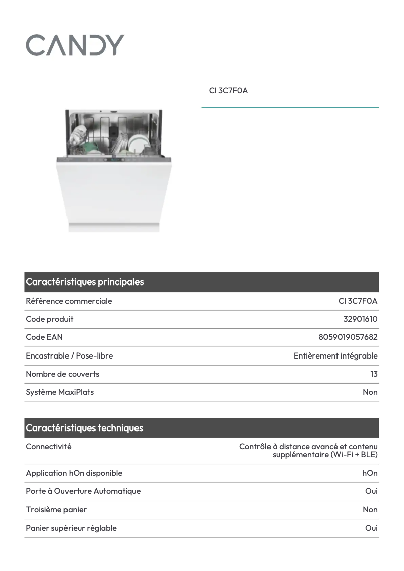Page 1 de la notice Fiche technique Candy CI 3C7F0A