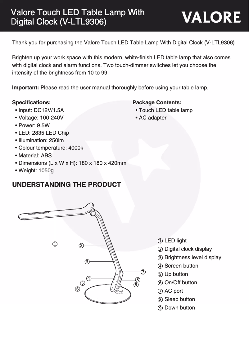 Page n°1 - Manuel utilisateur Valore V-LTL9306