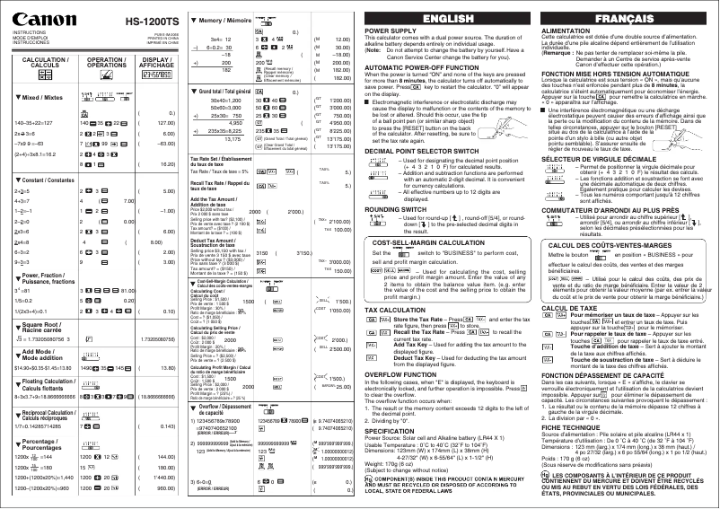Page 1 de la notice Manuel utilisateur Canon HS-1200TS
