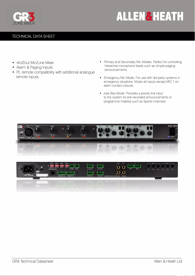 Página 1 del manual Ficha técnica Allen & Heath GR3