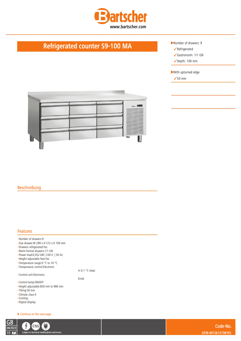 Page 1 de la notice Fiche technique Bartscher S9-100