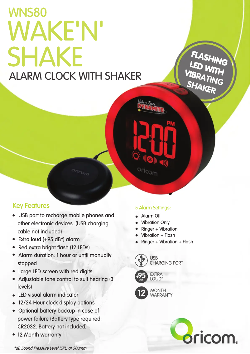 Page n°1 - Fiche technique Oricom Wake 'N' Shake Dynamite WNS80