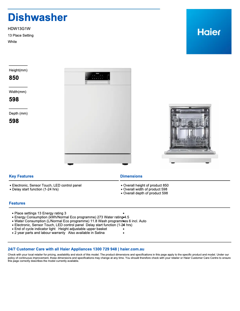 Página 1 del manual Ficha técnica Haier HDW13G1W