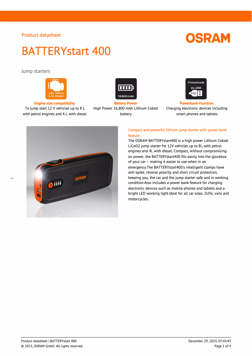 Page 1 de la notice Fiche technique Osram BATTERYstart 400