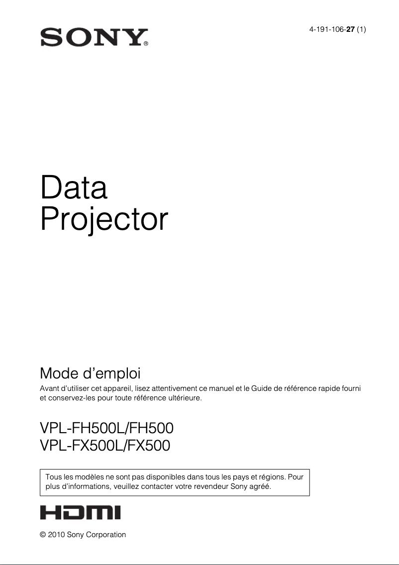 Page 1 de la notice Manuel utilisateur Sony VPL-FX500L