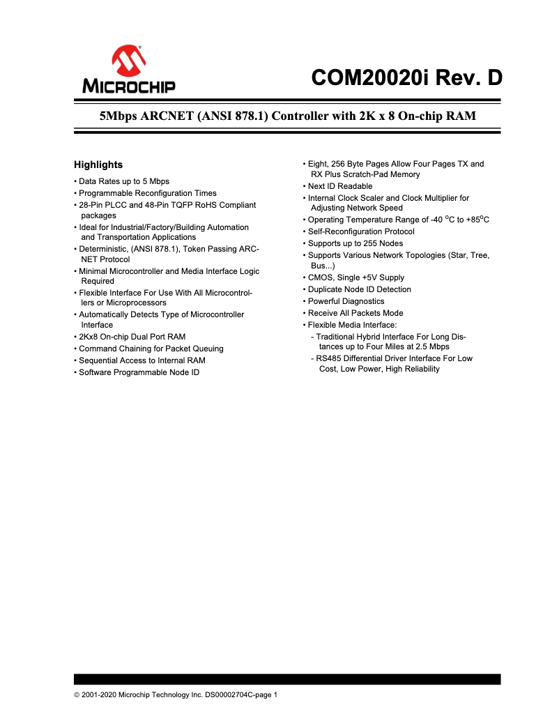 Page 1 de la notice Fiche technique Microchip COM20020i