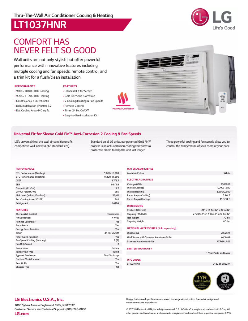 Page 1 de la notice Fiche technique LG LT1037HNR