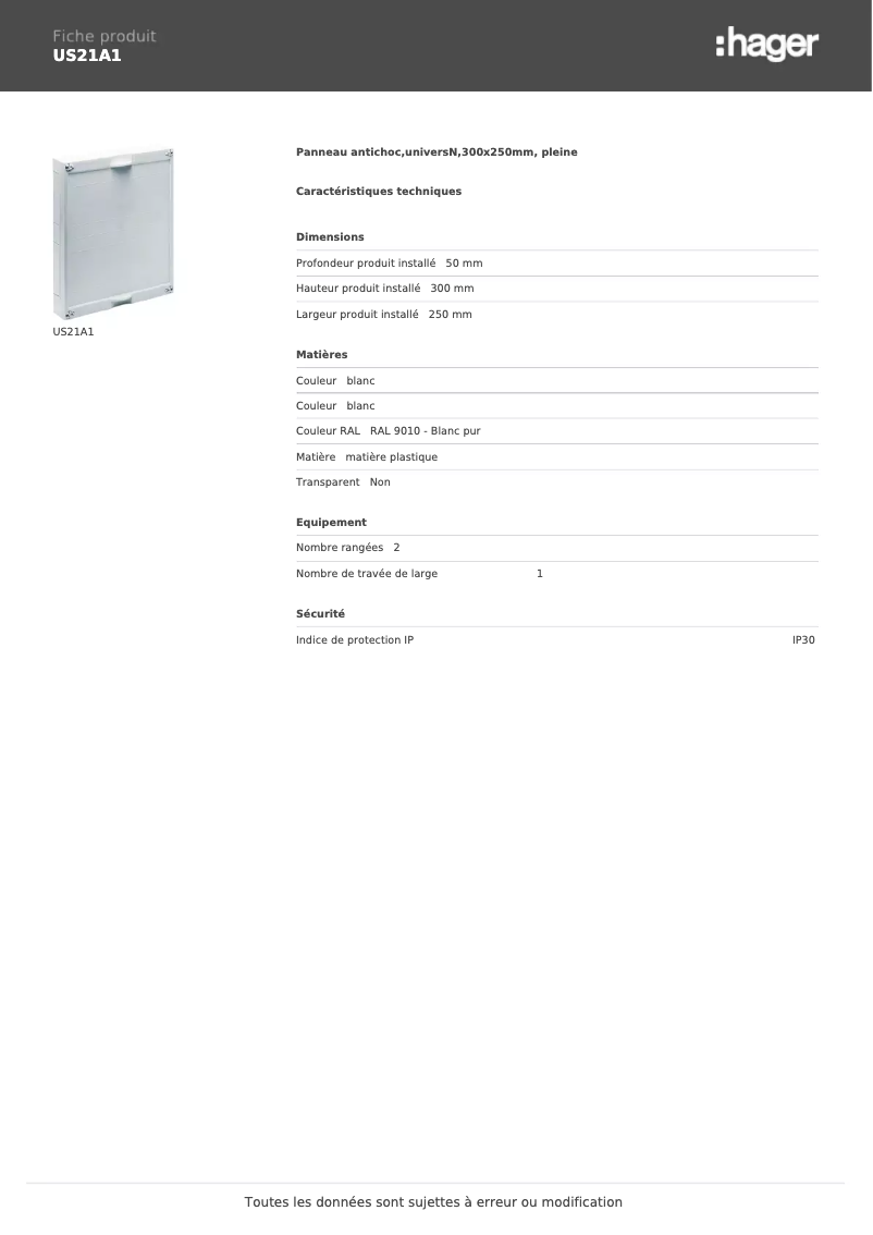 Page n°1 - Fiche technique Hager US21A1