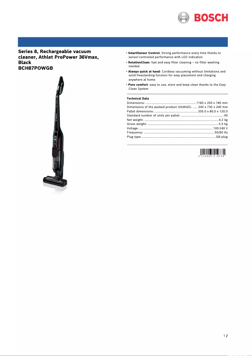 Page 1 de la notice Fiche technique Bosch BCH87POWGB