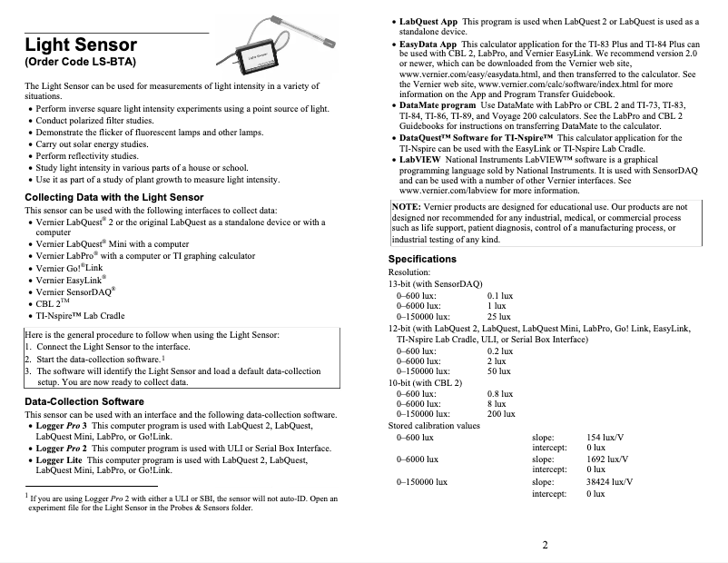 Page n°1 - Manuel utilisateur Vernier Light Sensor