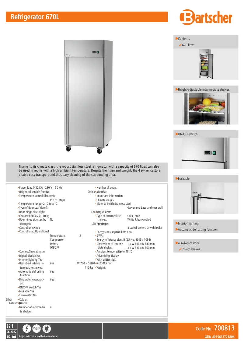 Página 1 del manual Ficha técnica Bartscher 700813