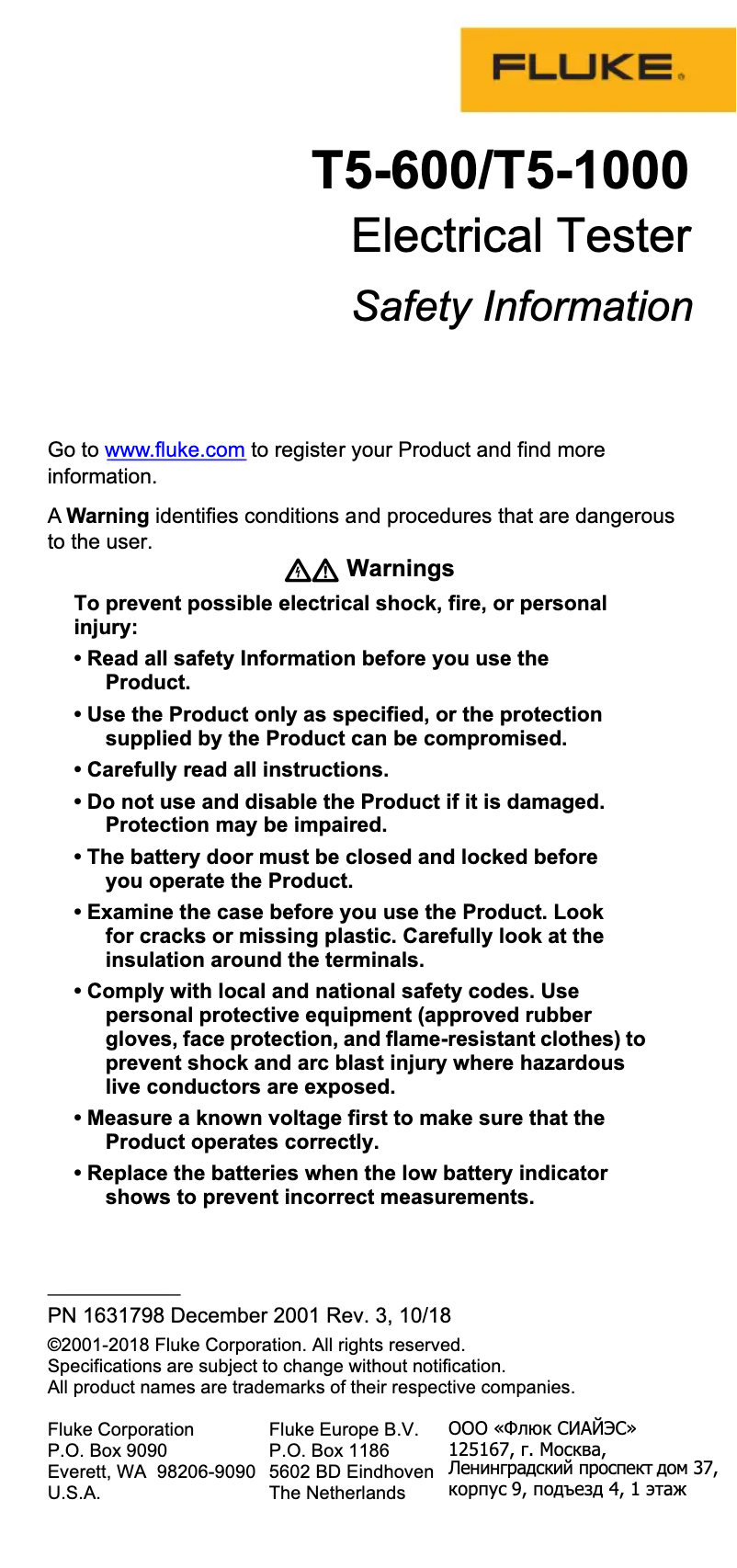 Page n°1 - Instructions de sécurité Fluke 1AC II
