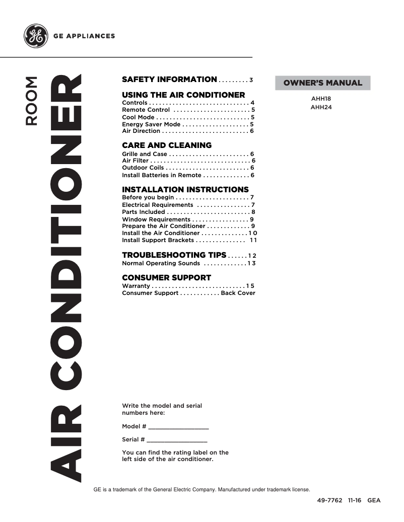 Page 1 de la notice Manuel d'utilisation et d'entretien GE AHH24DW