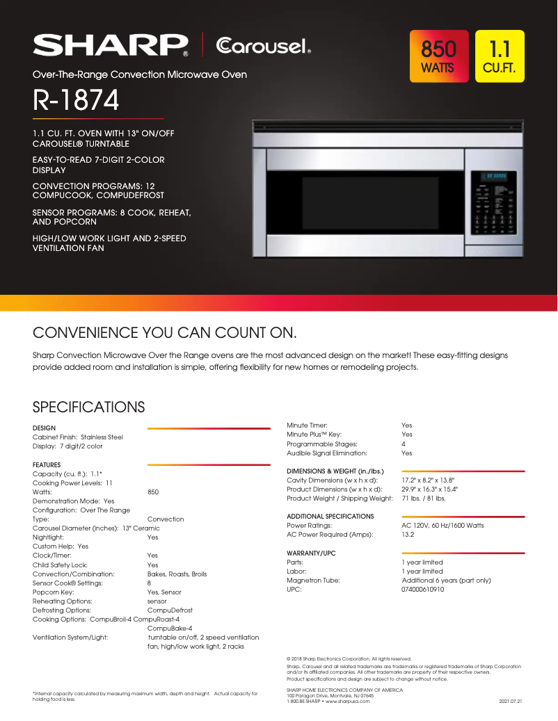 Page 1 de la notice Fiche technique Sharp R1874TY