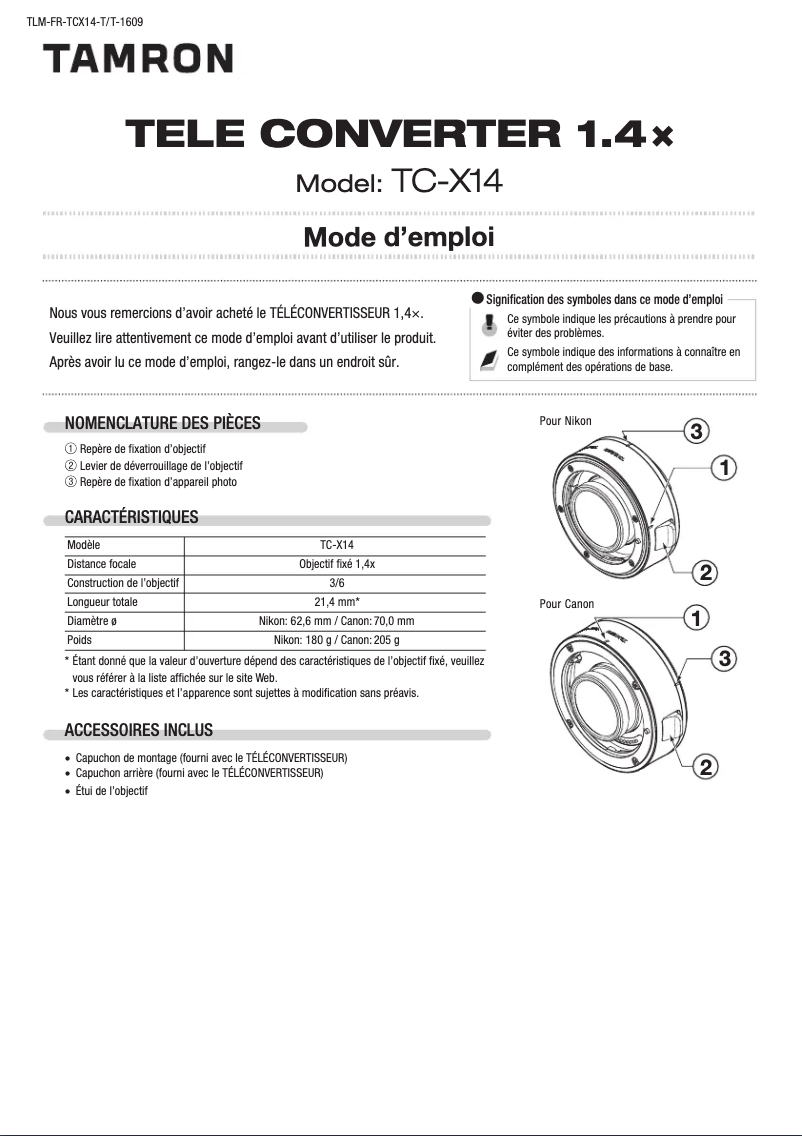 Image de la première page du manuel de l'appareil TELE CONVERTER 1.4x