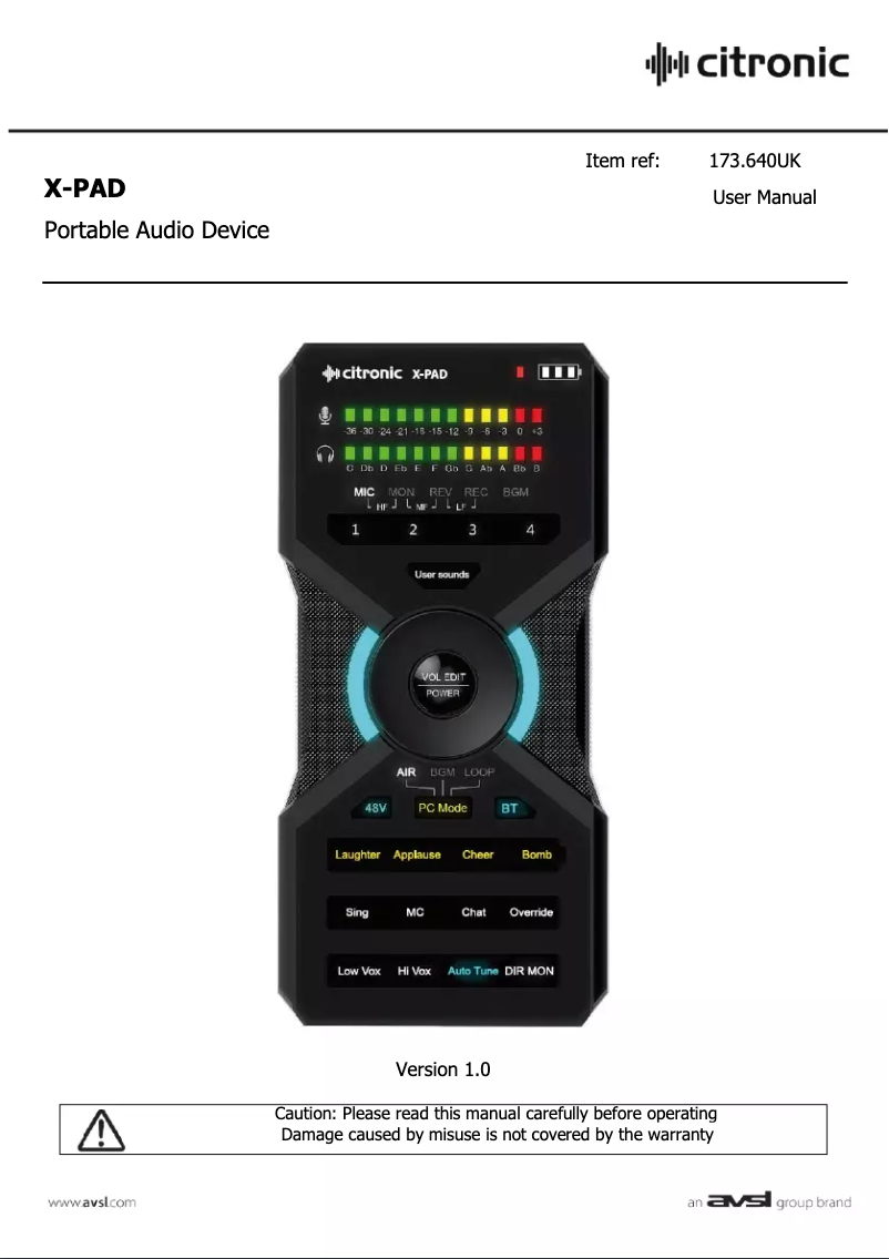 Page 1 de la notice Manuel utilisateur Citronic X-PAD