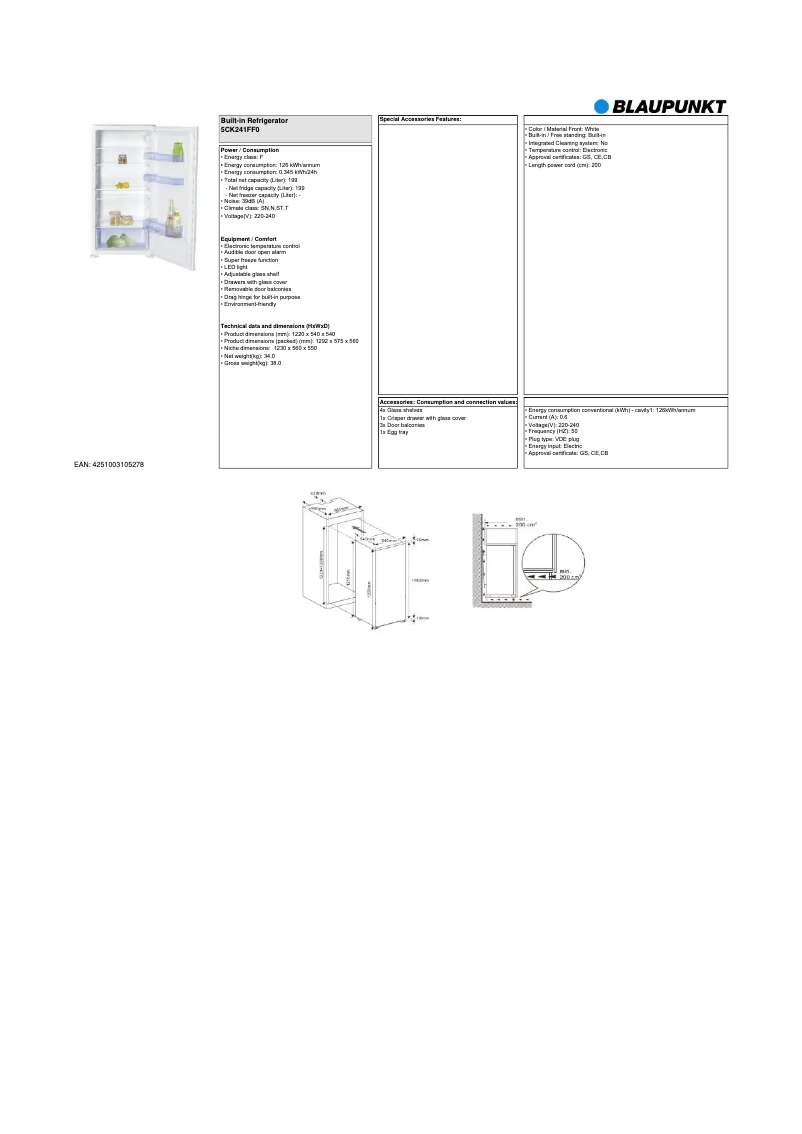 Page 1 de la notice Fiche technique Blaupunkt 5CK241FF0