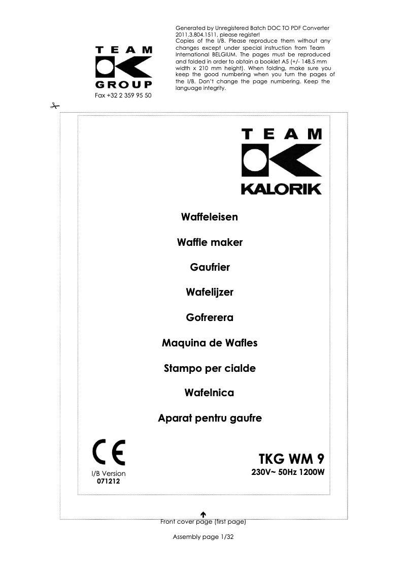 Imagen de la primera página del manual del dispositivo TKG WM 9