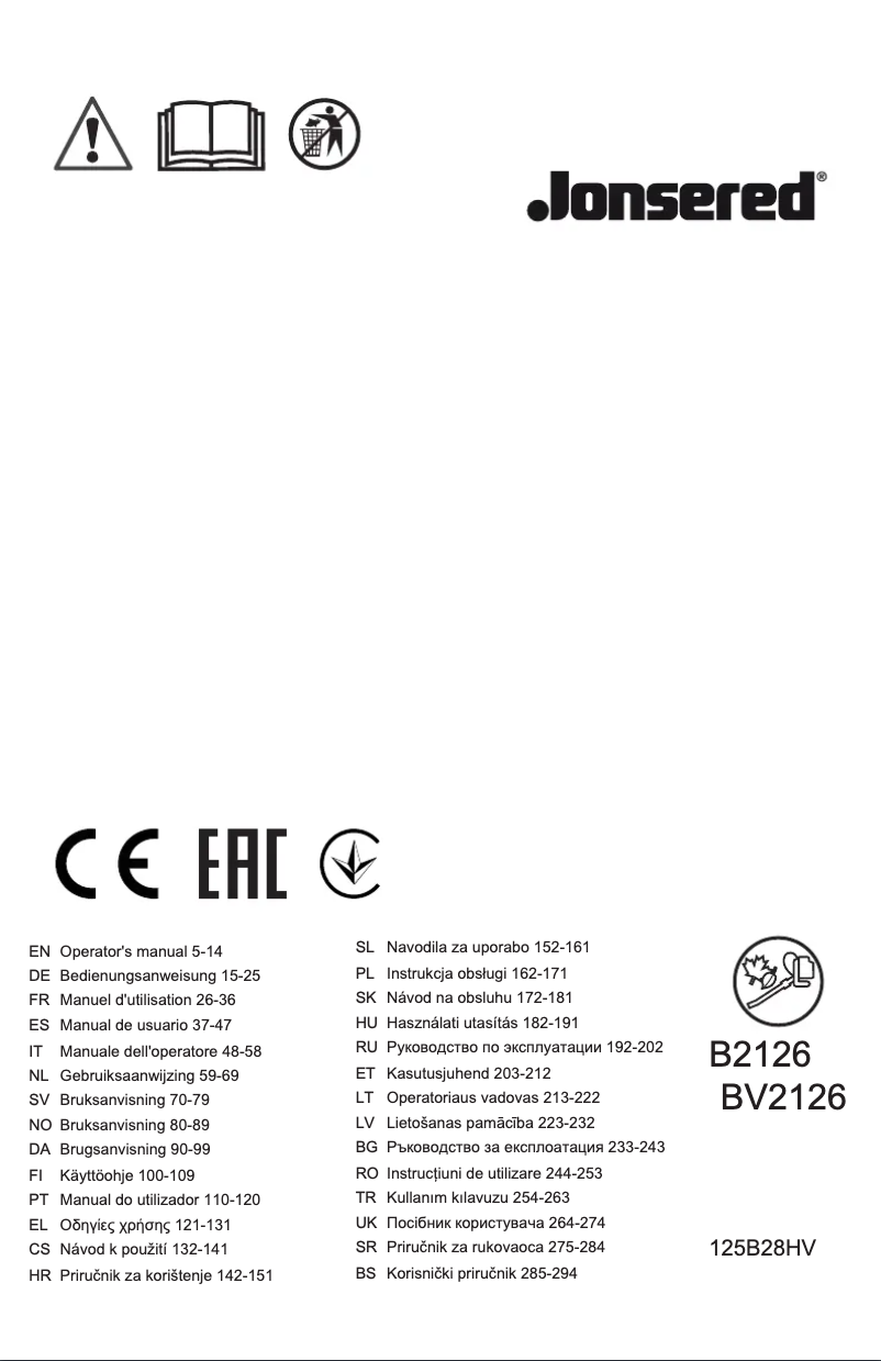 Page 1 de la notice Manuel utilisateur Jonsered BV2126
