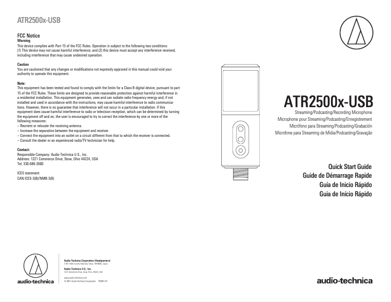 Page 1 of the manual Quick Start Guide Audio-Technica ATR2500X-USB