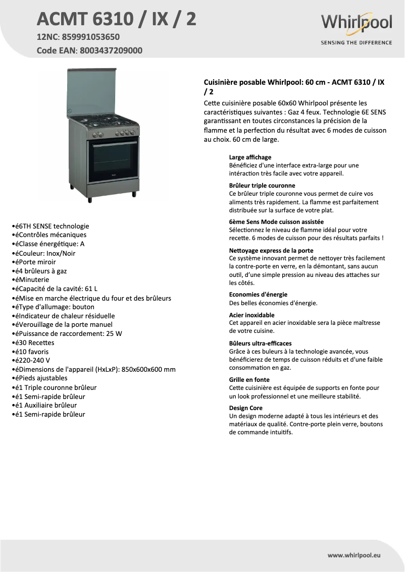 Page 1 de la notice Fiche technique Whirlpool ACMT 6310 / IX / 2