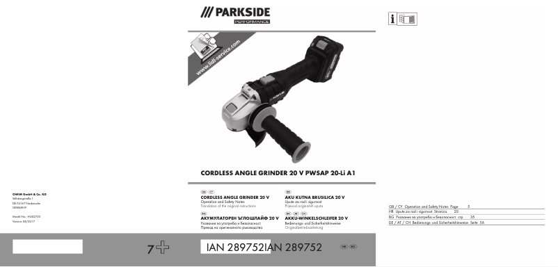 Page n°1 - Manuel utilisateur Parkside PWSAP 20-Li A1