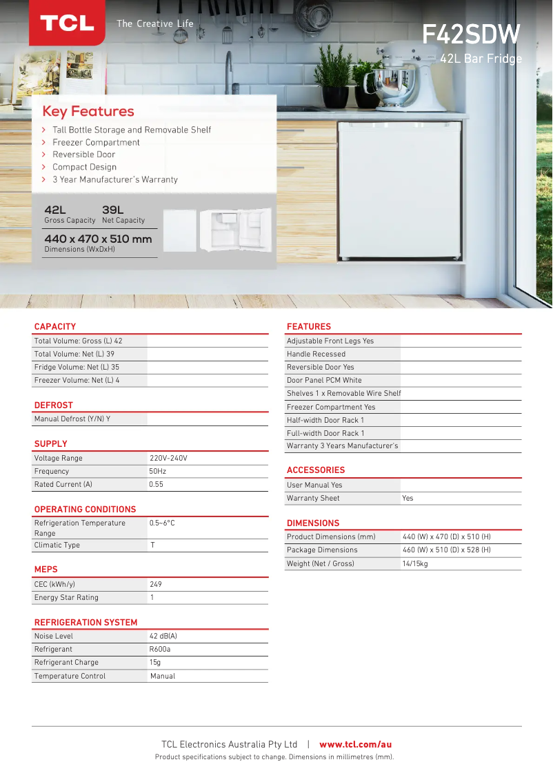 Page 1 de la notice Fiche technique TCL F42SDW