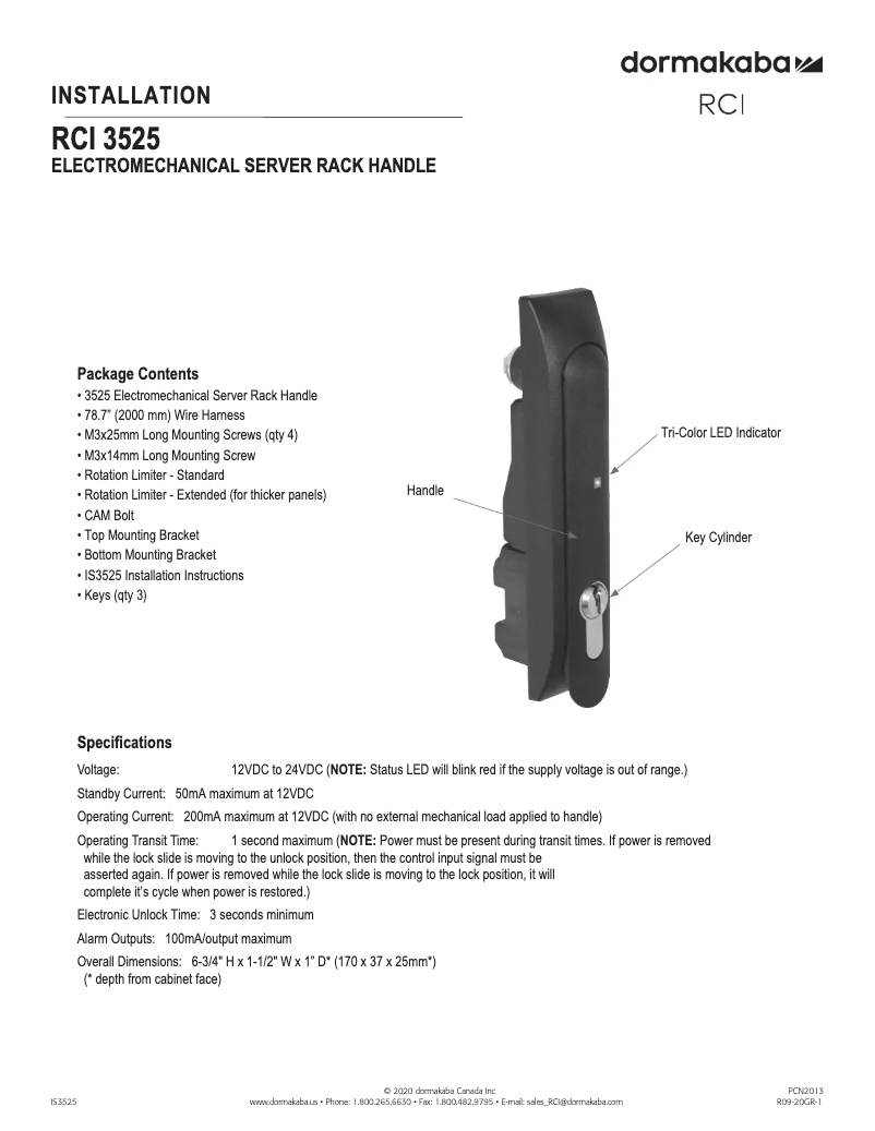 Page n°1 - Manuel utilisateur Dormakaba RCI 3525