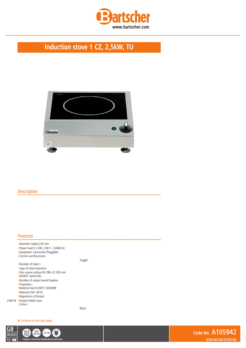 Page 1 de la notice Fiche technique Bartscher A105942