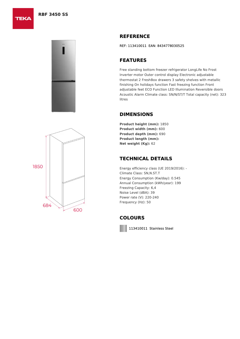Page n°1 - Fiche technique Teka RBF 3450 SS