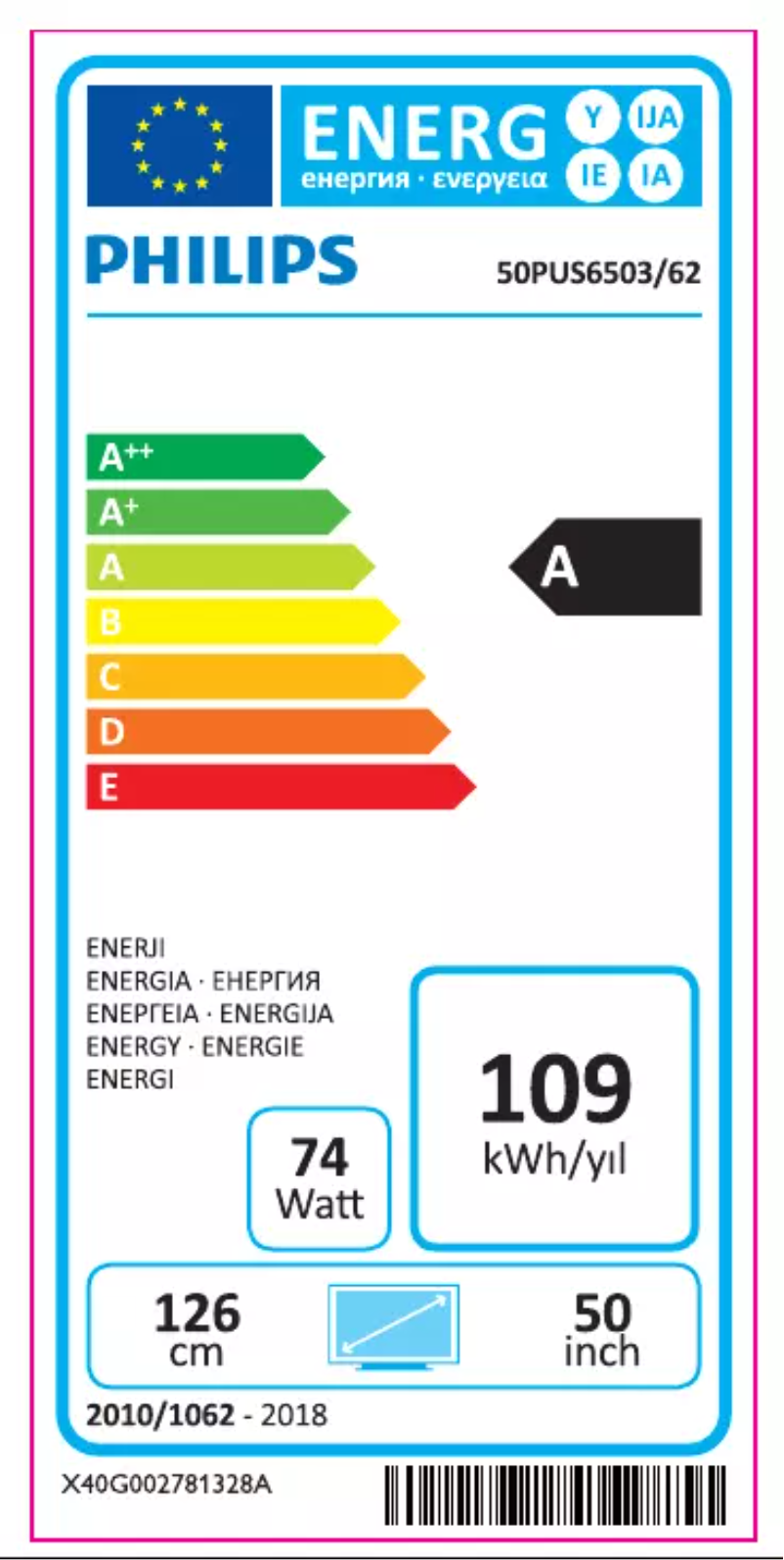 Page 1 de la notice Label énergétique Philips 50PUS6503