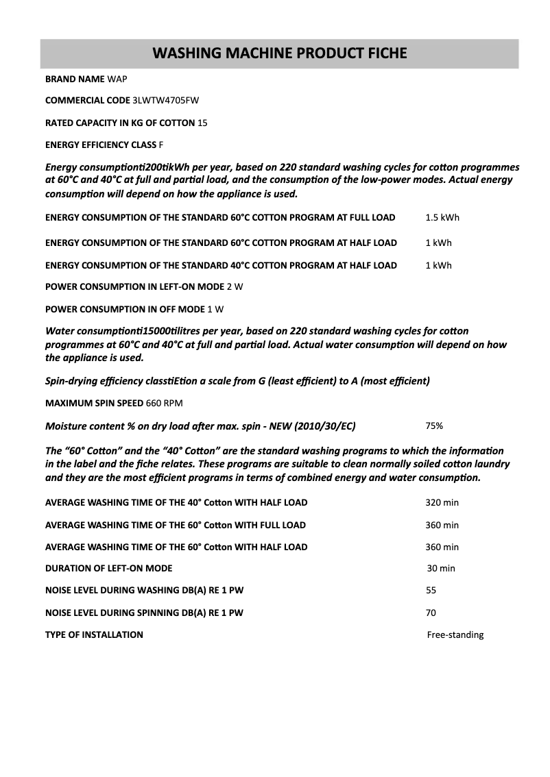 Page 1 de la notice Fiche technique Whirlpool 3LWTW4705FW