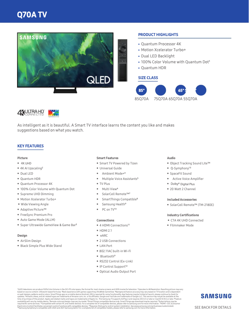 Página 1 del manual Ficha técnica Samsung QN85Q70A