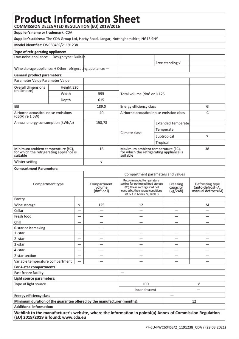 Page n°1 - Fiche technique CDA FWC604SS