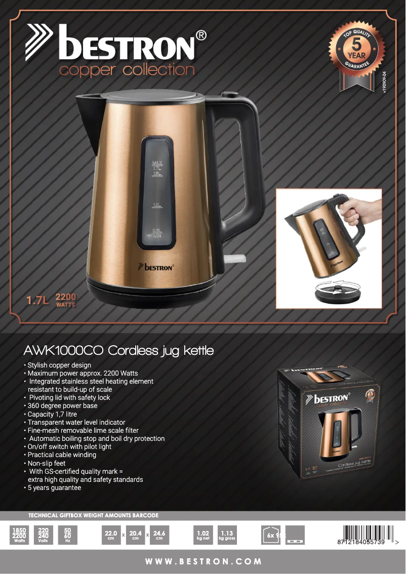 Page 1 de la notice Fiche technique Bestron AWK1000CO
