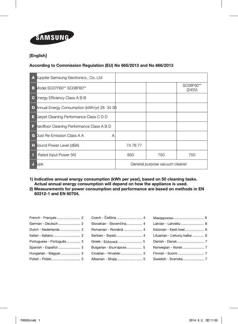 Página 1 del manual Ficha técnica Samsung SC07F60JV