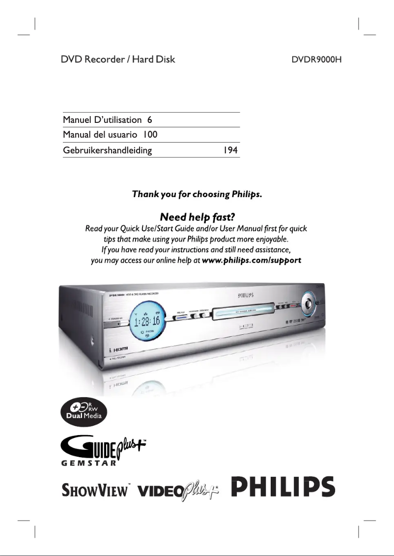 Page 1 de la notice Manuel utilisateur Philips DVDR9000H