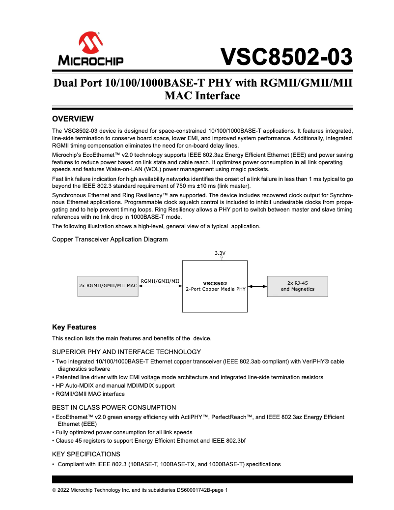 Página 1 del manual Ficha técnica Microchip VSC8502