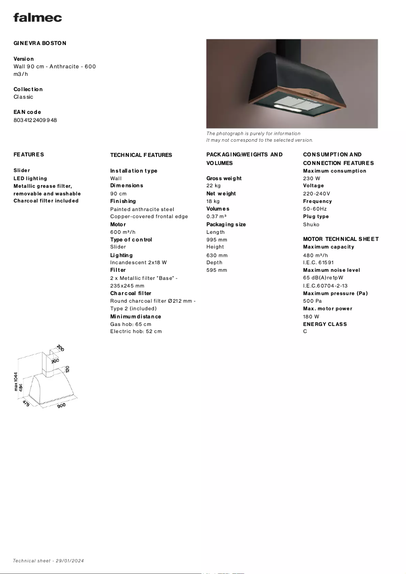 Página 1 del manual Ficha técnica Falmec Ginevra Boston