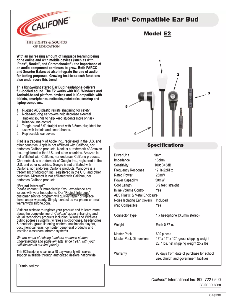 Page 1 de la notice Manuel utilisateur Califone E2
