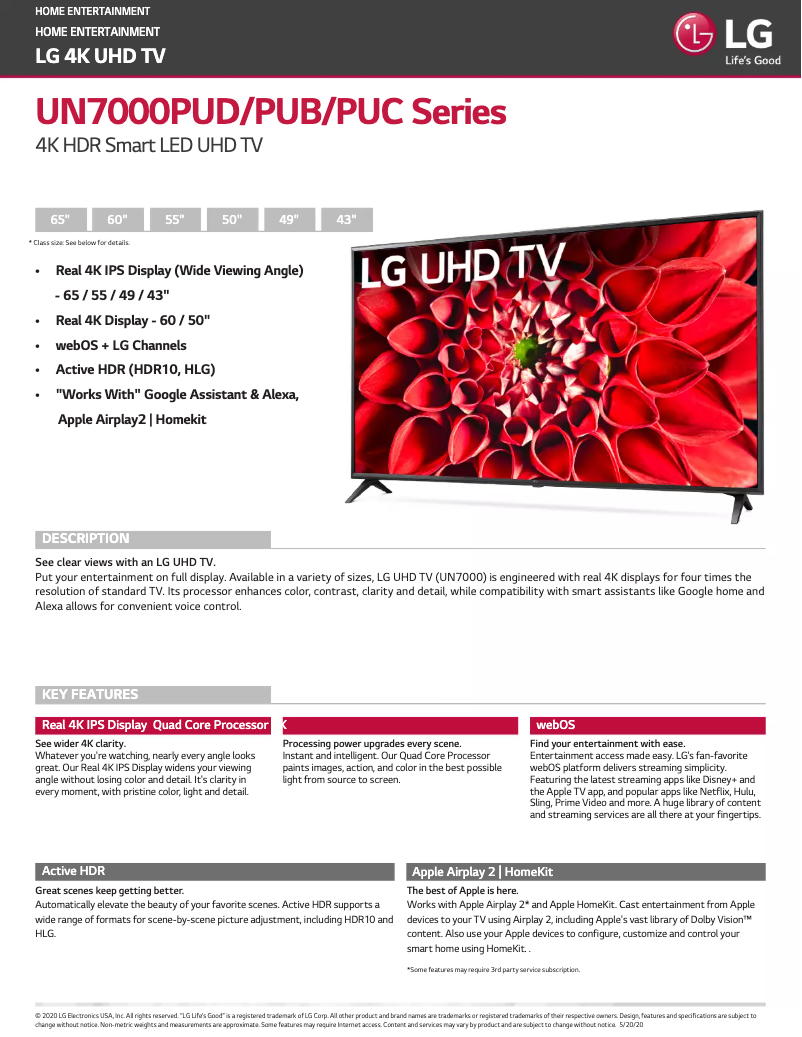 Page 1 de la notice Fiche technique LG 50UN7000PUC