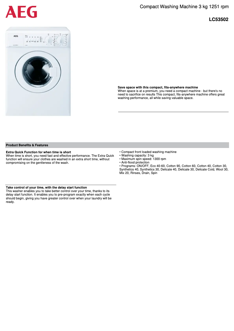 Page 1 de la notice Fiche technique AEG LC53502