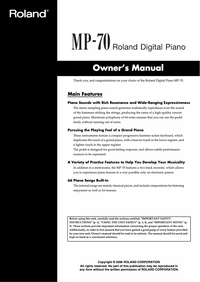 Page 1 de la notice Manuel utilisateur Roland MP-70