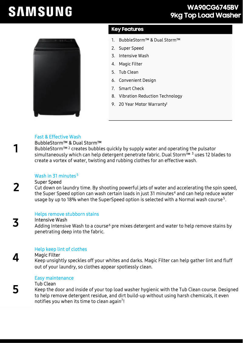 Page 1 de la notice Fiche technique Samsung WA90CG6745BV