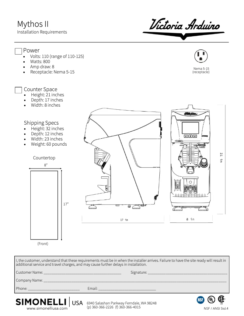 Page 1 de la notice Fiche technique Victoria Arduino Mythos 2