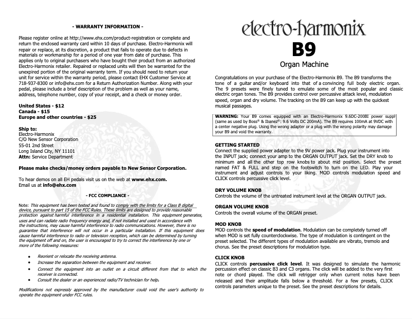 Page 1 de la notice Manuel utilisateur Electro Harmonix B9