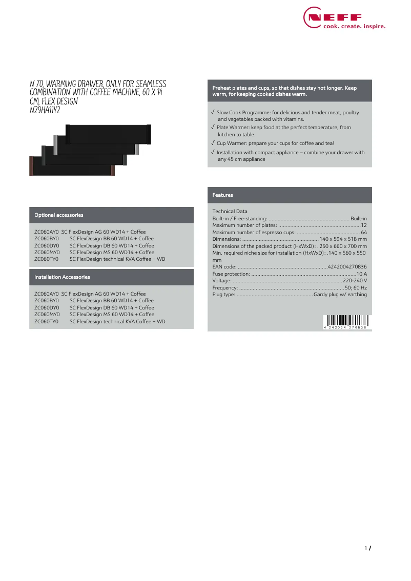 Page 1 de la notice Fiche technique Neff N29HA11Y2
