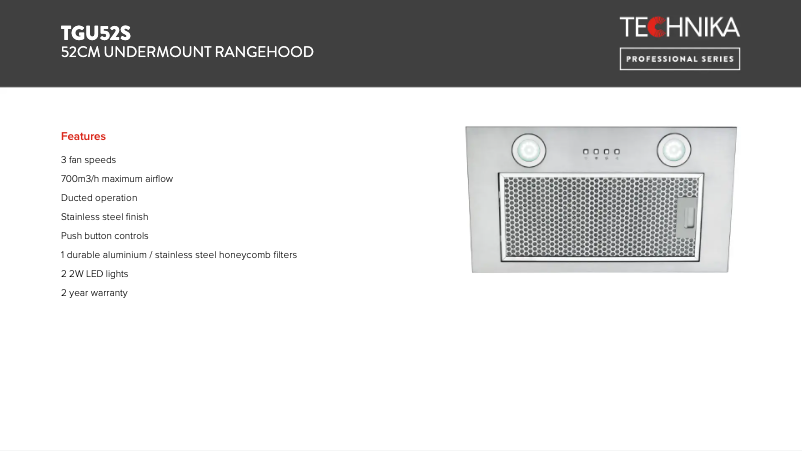 Page 1 de la notice Fiche technique Technika TGU52S